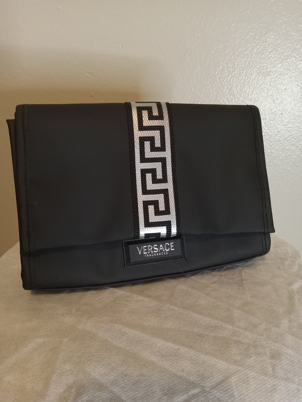 Versace Men’s Blue Travel Pouch with Signature Greek Key Trim